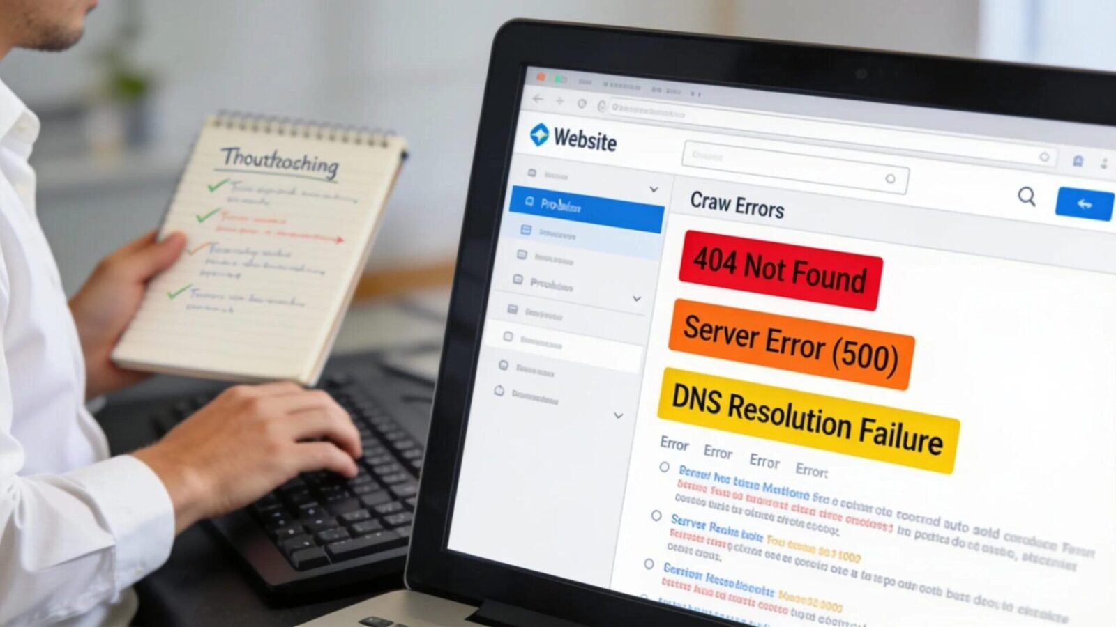 Person analyzing crawl errors on a website audit tool screen