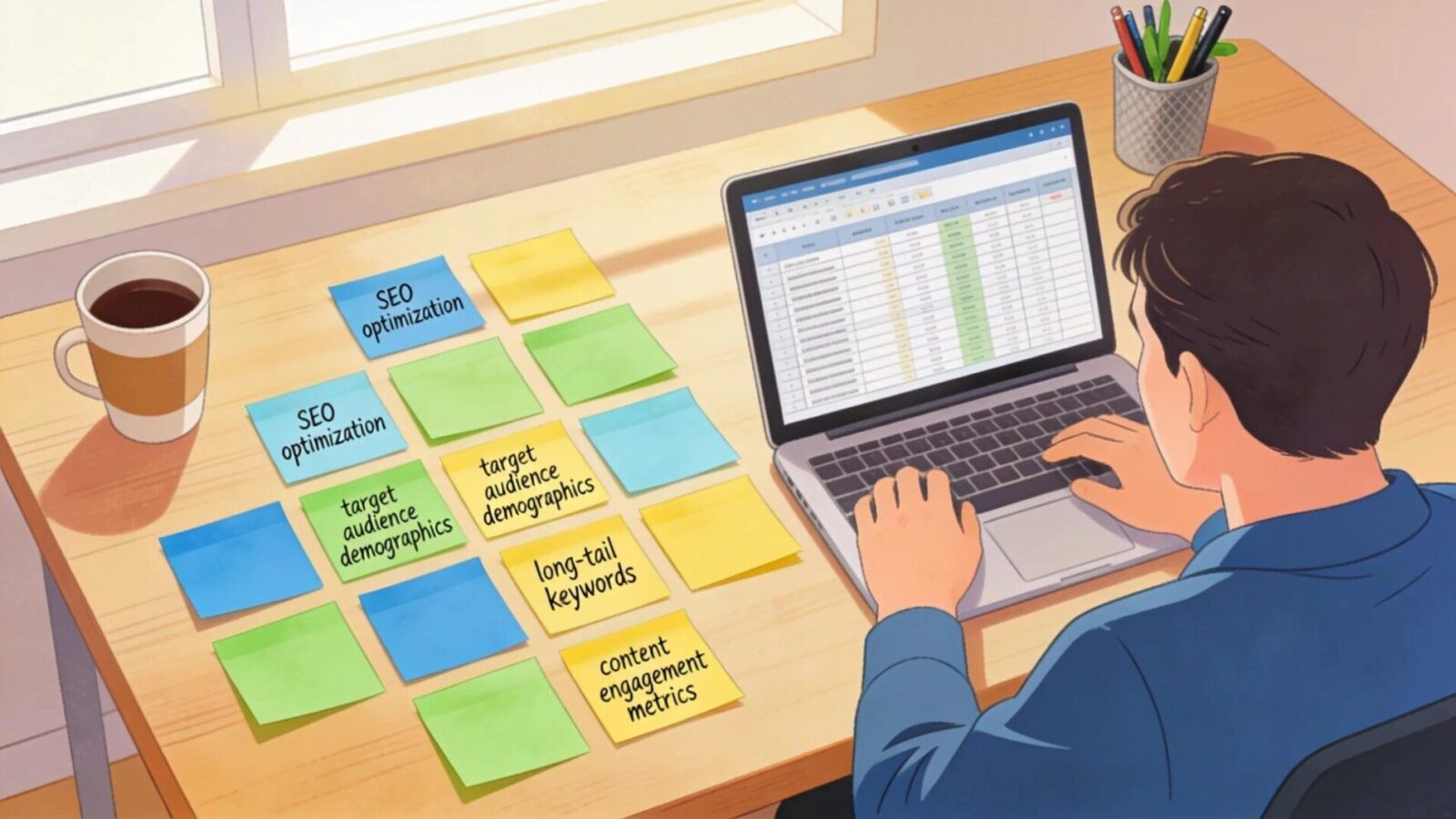 Person conducting keyword research with notes and a laptop in a well-organized workspace.
