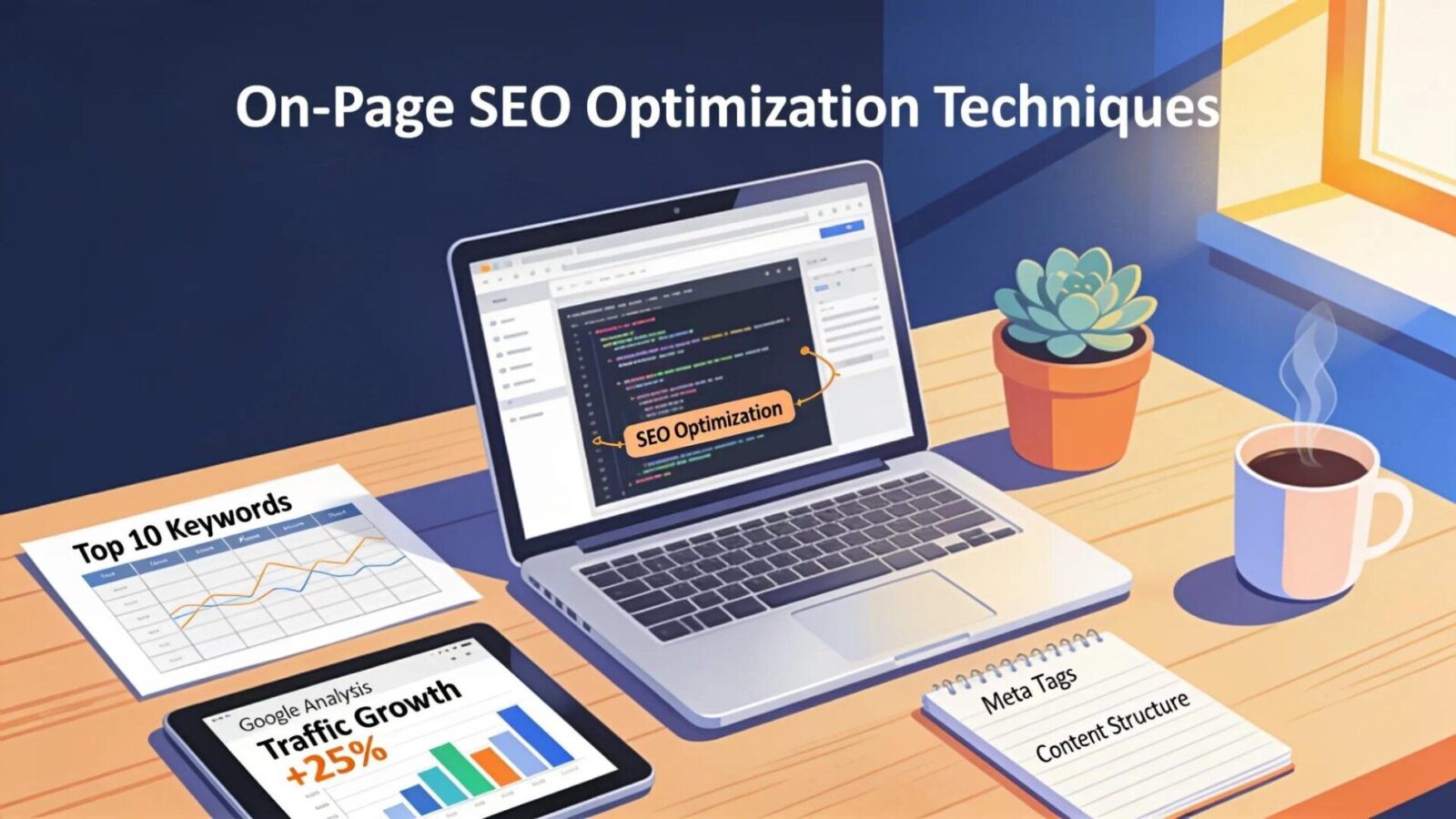 Workspace with laptop and SEO tools illustrating techniques for on-page optimization