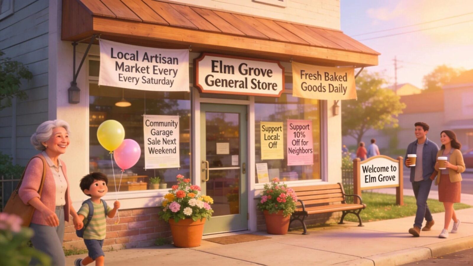 Small business storefront in Elm Grove displaying local advertising, illustrating community engagement